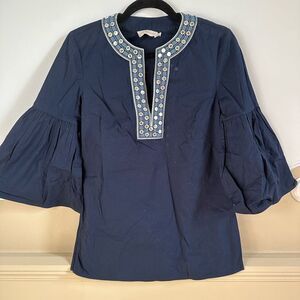 Tory Burch Ariana Navy Tunic Blouse Bell Sleeves Loose Fit Size 0 Embellishment
